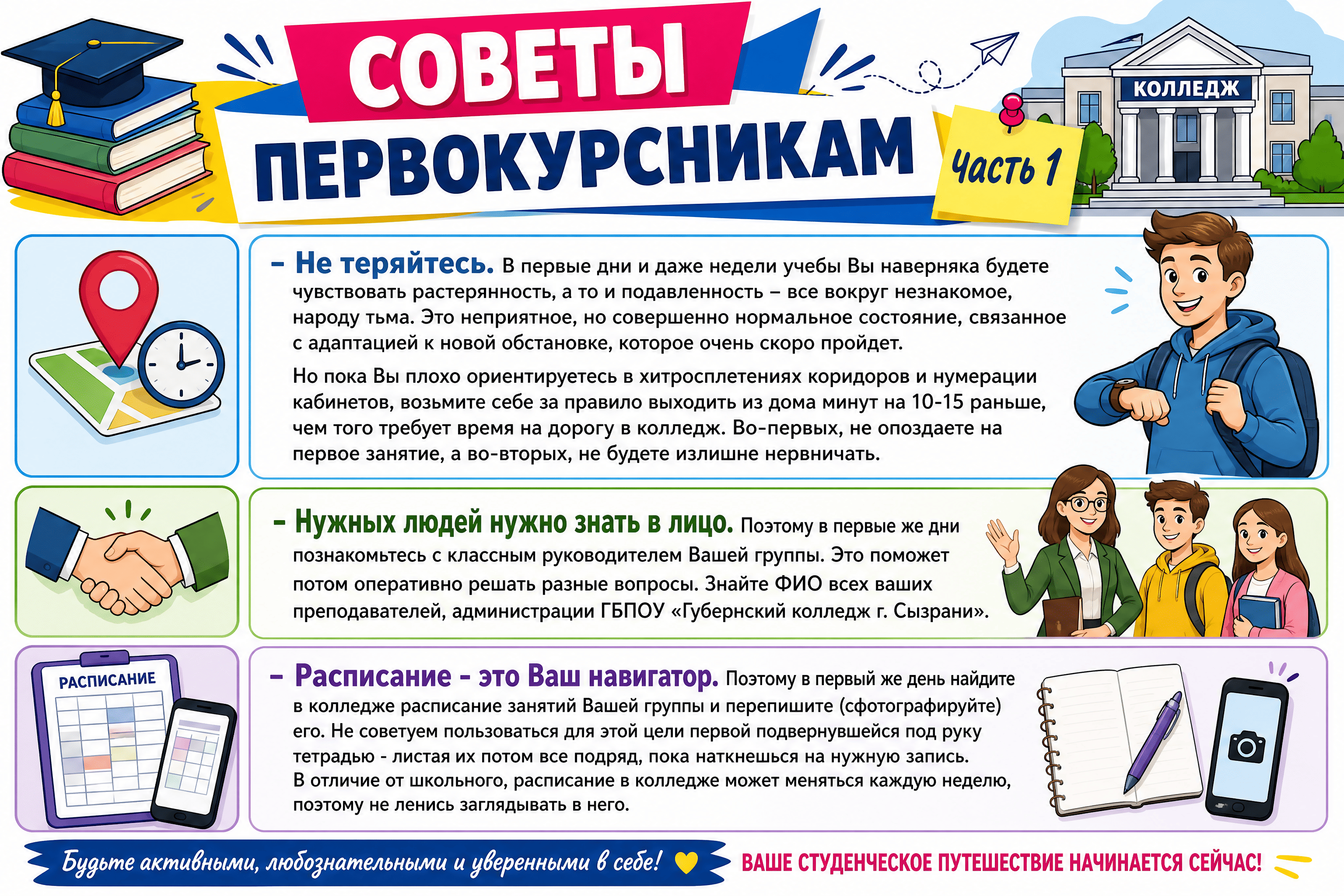На изображении плакат с советами для первокурсников. Есть текст и иллюстрации: здание колледжа, карта, расписание, ручка, телефон. Яркие цвета: розовый, синий, зелёный.