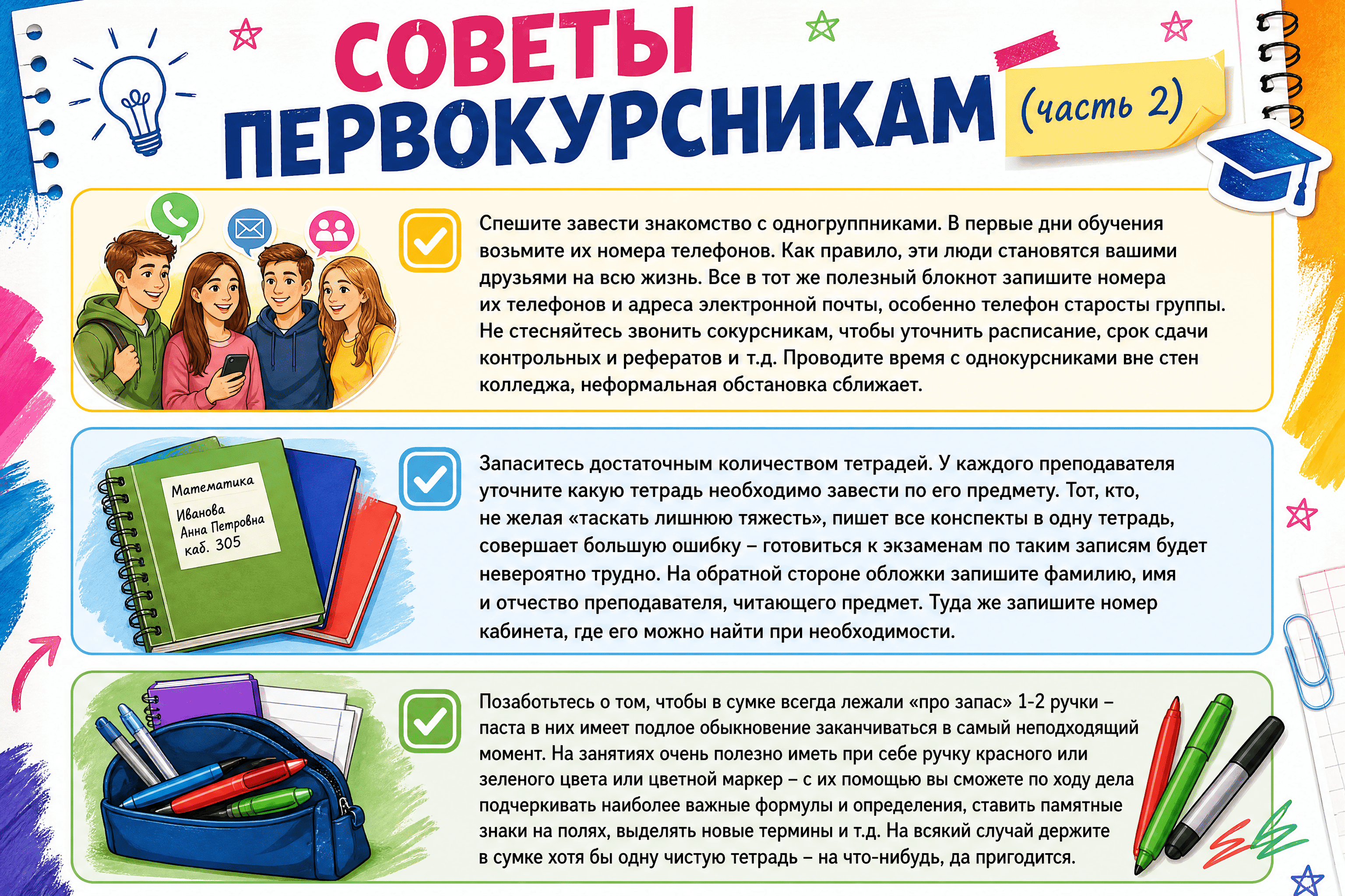 Изображение содержит текст с советами для первокурсников, разделённый на три части. Текст сопровождается иллюстрациями книг, тетрадей, ручек и карандашей.