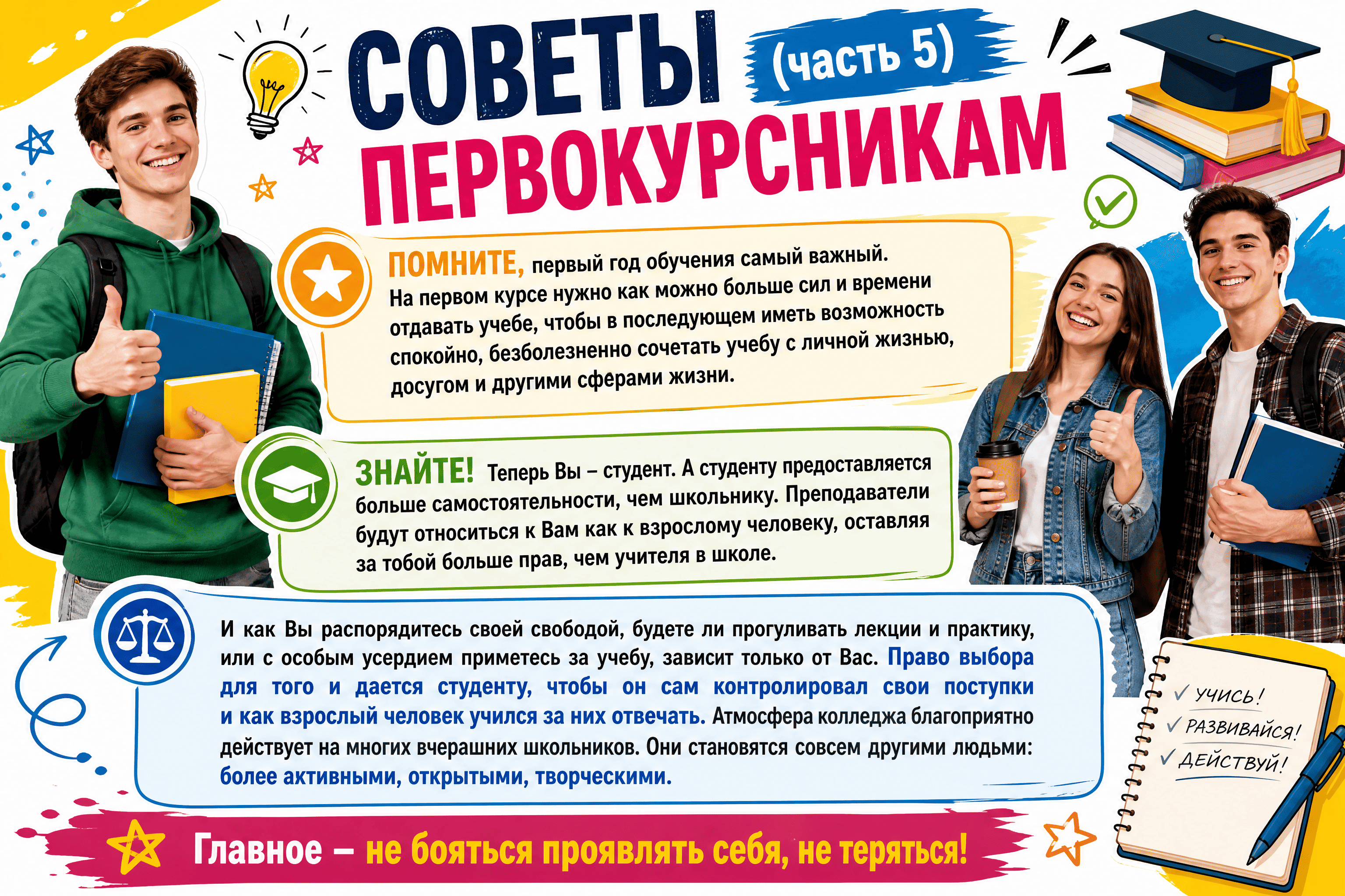 Плакат с советами первокурсникам. Есть текст и изображения людей с книгами и лампочкой. Яркие цвета: синий, жёлтый, красный.