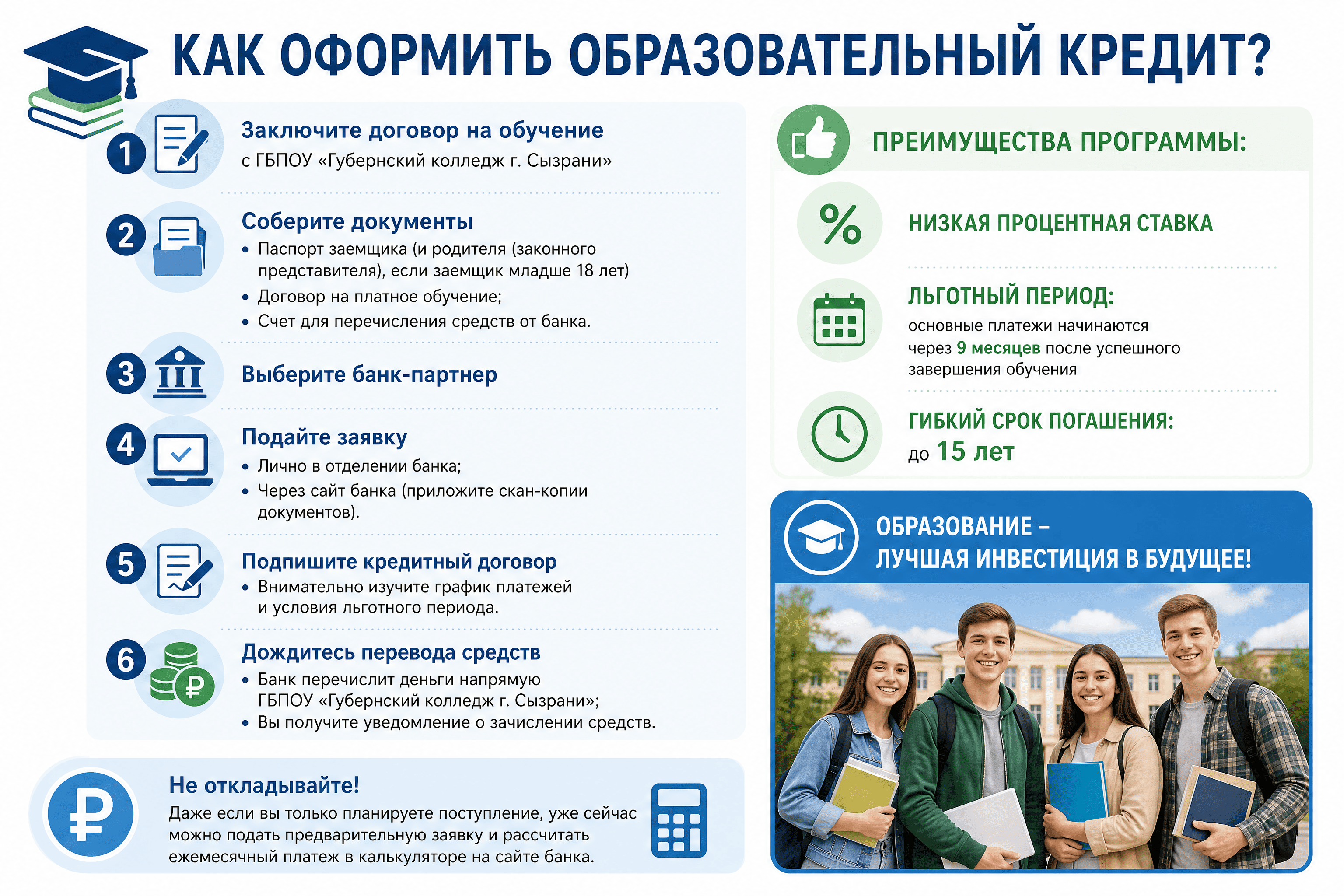 На изображении представлена инфографика с инструкцией по оформлению образовательного кредита. Указаны шаги оформления, преимущества программы и призыв не откладывать оформление.